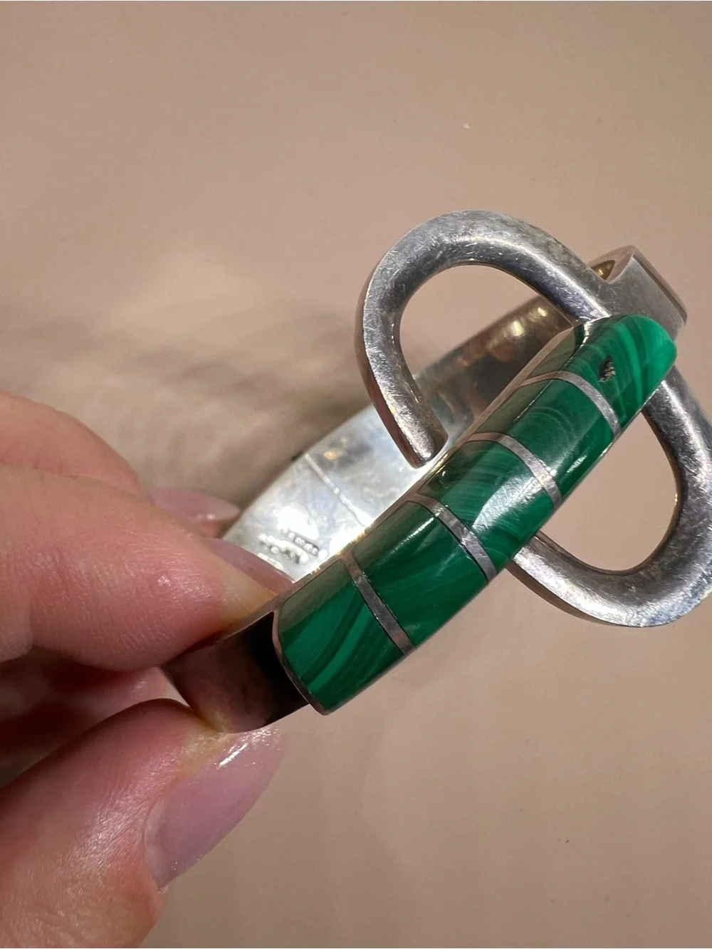 950 Silver Cuff Bracelet with Green Malachite Inlay